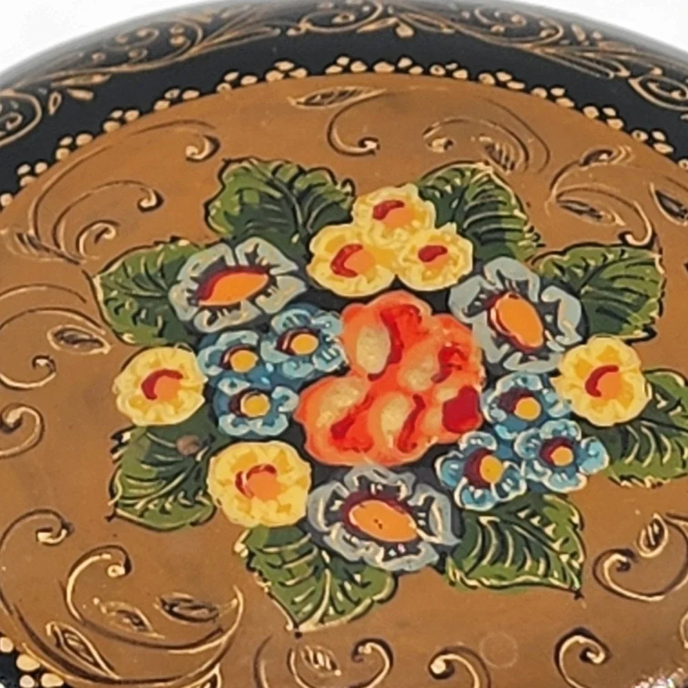 Vintage Russian Lacquer Floral Trinket Box Hand Painted Round 3